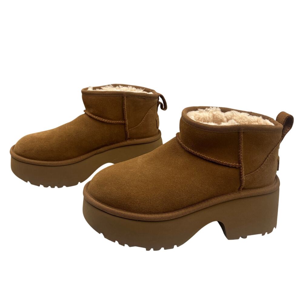 UGG Platform Ankle Boots Classic Ultra Mini New Heights Fur Lined Chestnut Sz 8 - Picture 2 of 11